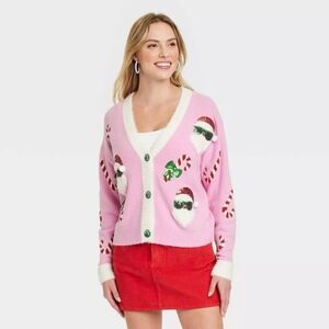 NEW Target 33 Degrees Pink Santa Print Christmas Festive Cardigan Sweater
